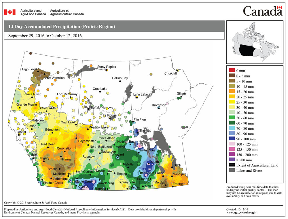 This map shows the total amount of precipitation that fell across the Prairies during the first two weeks of October. A strong slow-moving storm system tracked northeastward through Saskatchewan and north-central Manitoba, bringing significant precipitation during this period. A large portion of Saskatchewan and northwestern Manitoba saw amounts in the 50- to 125-mm range. Southeastern Manitoba and most of Alberta were relatively dry during this period.