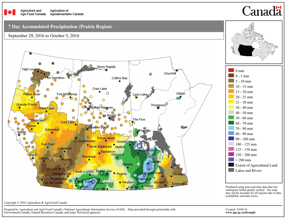 This map shows the total amount of precipitation that fell during the seven days ending Oct. 5. This period captures the rainfall from the large and slow-moving storm system that brought over 100 mm of rainfall to some regions of western Manitoba.