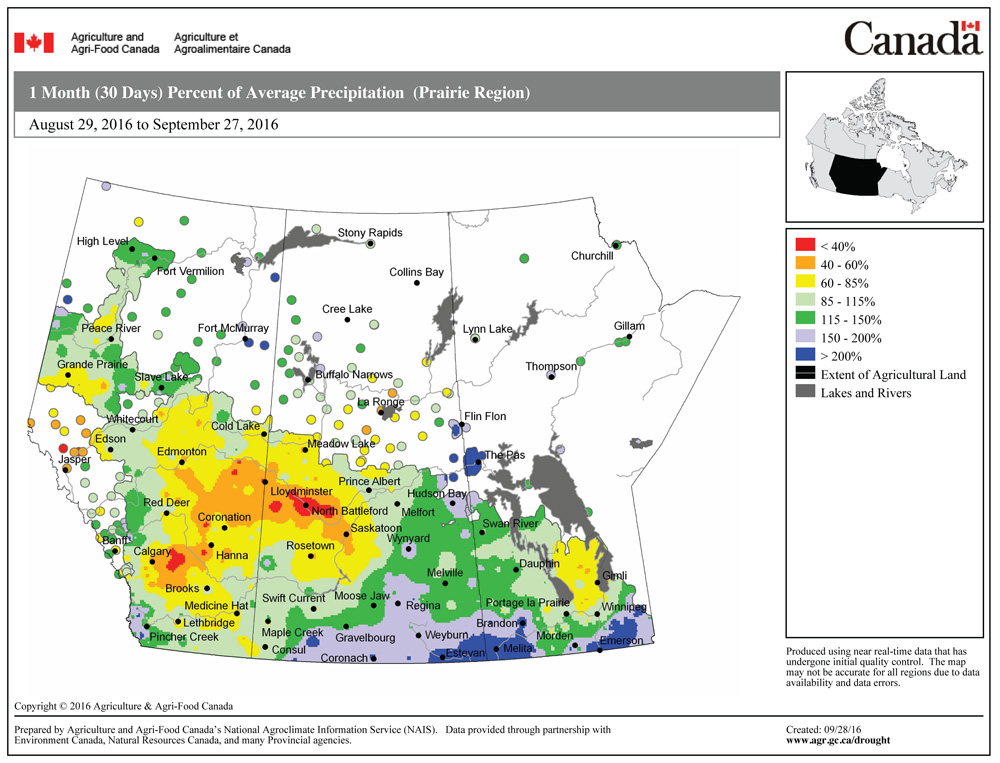 This map shows the total amount of precipitation that fell across the Prairies during the month of September as a percentage of the long-term average. The southernmost parts of Saskatchewan and Manitoba were the wettest, while central and eastern Alberta, along with northwestern Saskatchewan, were the driest.
