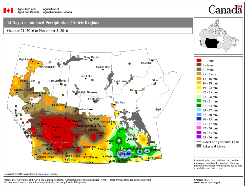 This map shows the total amount of precipitation that fell across the Prairie provinces during the 14-day period ending on November 3. The map does a really good job of showing the line of showers and rain that moved through eastern Saskatchewan and southern Manitoba during this time, bringing as much as 50 mm of unneeded moisture.