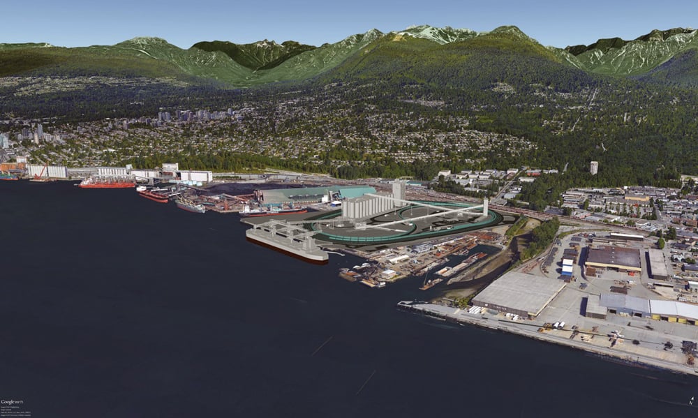 A rendering of what G3’s proposed Vancouver grain terminal on the north shore of Burrard Inlet, will look like, if the project goes ahead. While G3 has most of the necessary permits for the project, there are still many details to work out before G3’s board of directors decides to start construction, says G3 official Brett Malkoske.