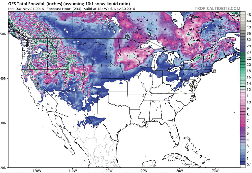 This forecasted total snowfall map shows the predicted total snowfall, assuming a 10:1 snow-to-water ratio. Only the eastern parts of Manitoba are expected to see any significant snowfall before the end of the month.