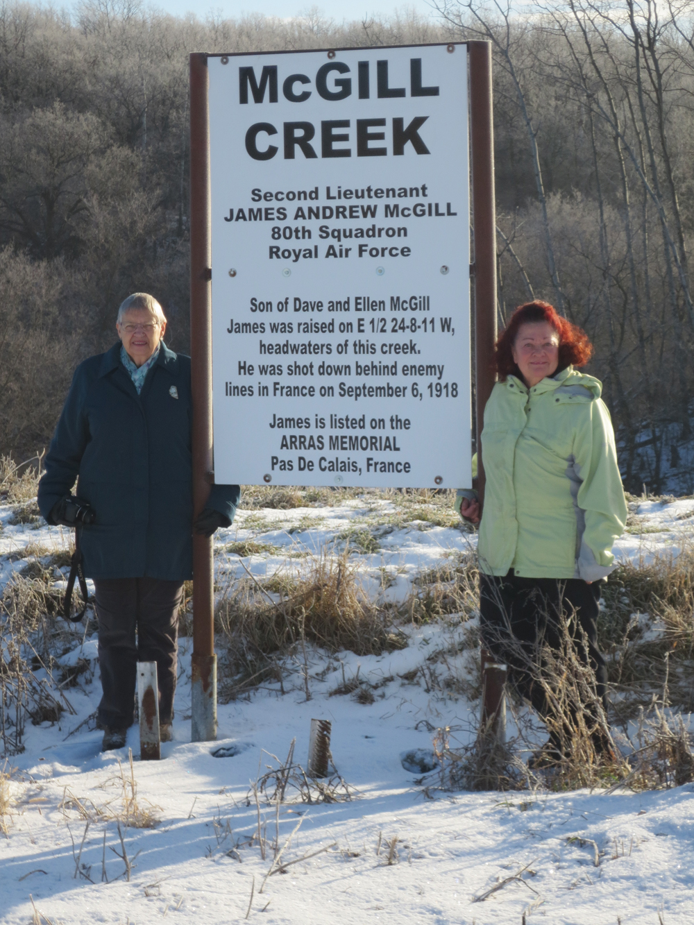 Members of the Holland, Man. Royal Canadian Legion Carol Kilfoyle (l) and Tamara Greenlay were part of an effort to name local waterways after fallen First W orld War soldiers.