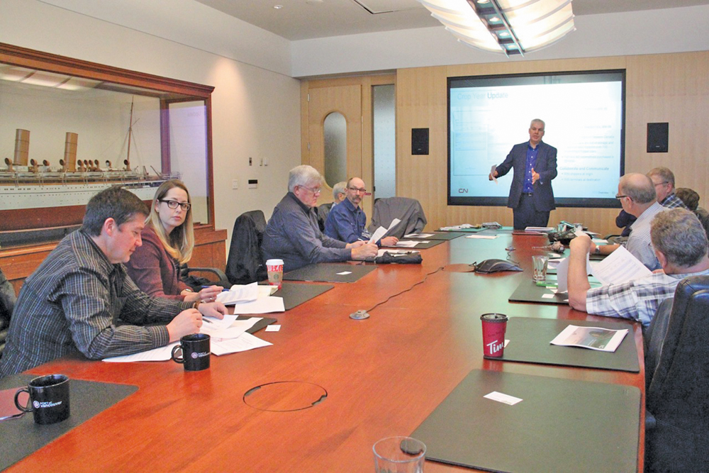 CN Rail vice-president of bulk commodities, Doug MacDonald, met with a group of farmers representing the Alberta Federation of Agriculture, Canadian Federation of Agriculture, Agricultural Producers Association of Saskatchewan and Keystone Agricultural Producers at the Port of Vancouver last week to discuss ways to improve the grain-handling and transportation system.