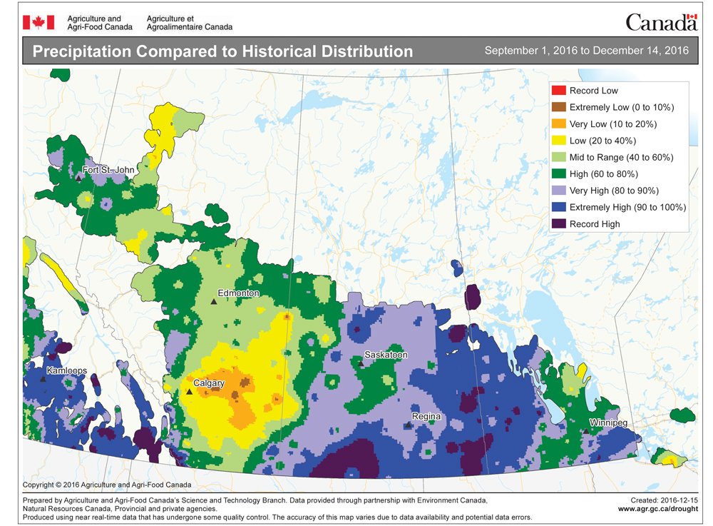 This map shows the total amount of precipitation that has fallen since Sept. 1 compared to historical amounts. For Manitoba and Saskatchewan, it has been a fairly wet fall and early winter, with a large portion of this region seeing very high to record amounts. South-central Alberta has been the driest region, with the area near and east of Calgary seeing very low to extremely low amounts.