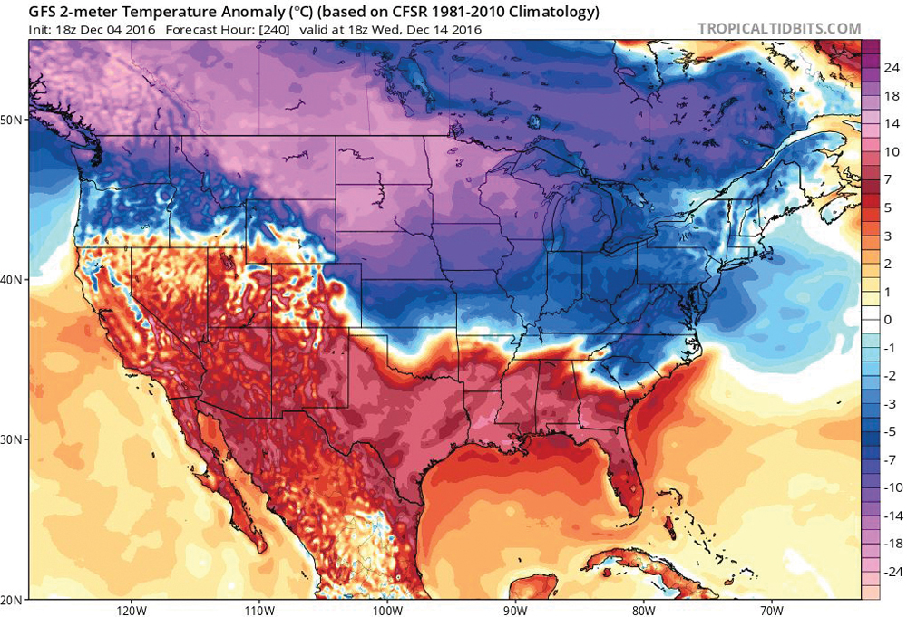 Agriculture and Agri-Food Canada is still having trouble with its precipitation maps, so for this issue I’ve included a map that shows the temperature anomaly forecast for Wednesday, Dec. 14. The core of cold air is forecast to stretch from Alberta, through southern Saskatchewan and into southern Manitoba. Temperatures are forecast to run a good 12 to 16 C below average.