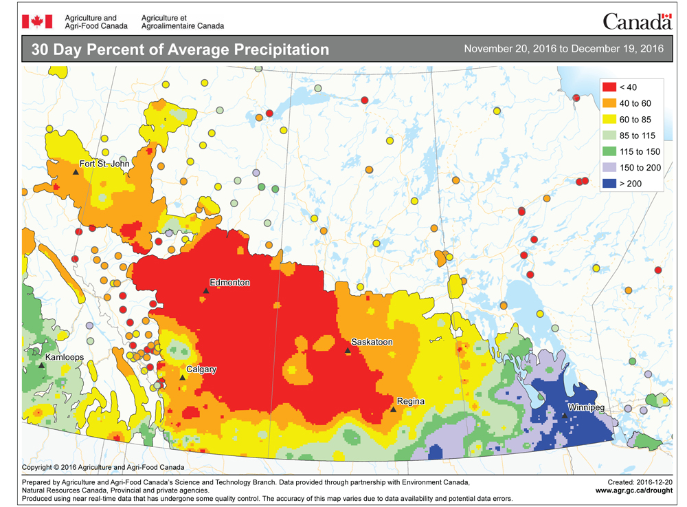 This map shows the total amount of precipitation, compared to average, that fell across the Prairies during the 30 days ending Dec. 19. The main storm track was focused on the southeastern Prairies, with most of agricultural Manitoba seeing average to above-average amounts.
