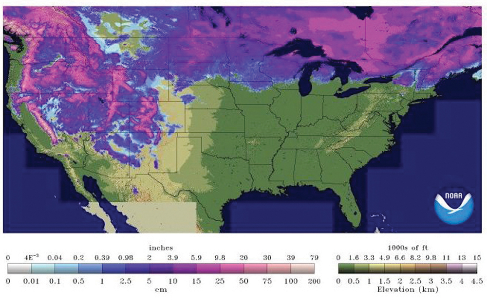 This map shows the estimated snow water equivalent for the snowpack across the U.S. and southern Canada. For southern and central
Manitoba, there is a fair amount of water currently in the snowpack, with estimates as high as 75 to 100 mm in some areas.