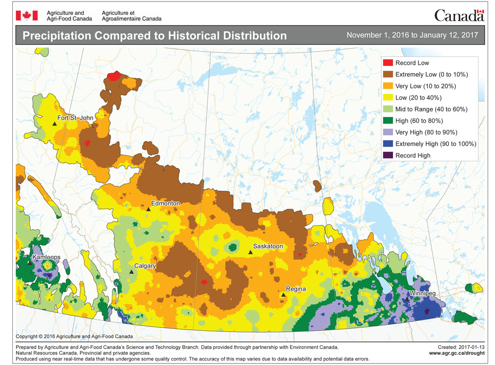 This issue&rsquo;s map shows the total amount of precipitation that has fallen across the Prairies so far this winter compared to historical values. You can quickly see how the main storm track has run across the southeastern Prairies, with much of southern and central Manitoba seeing high to record-high amounts. Farther west it has been a fairly dry winter so far, with most regions reporting low to record-low amounts of precipitation.