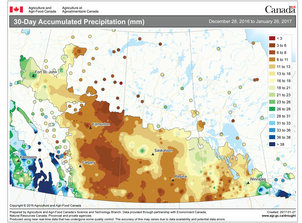 This map shows the total amount of precipitation that has fallen across the Prairies during the 30 days ending Jan. 26. Overall precipitation has been relatively light, with most regions seeing less than 10 mm of water-equivalent precipitation. The wettest regions were once again mostly in Manitoba with the far southeastern area seeing upward of 30 mm.