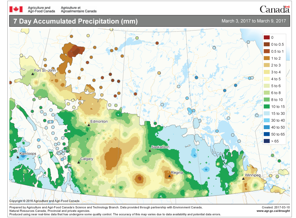 This map shows the total amount of precipitation that fell during the seven-day period ending March 9. This map nicely captures the storm that moved through from March 6 to 8. You can see the large area over western and northern Manitoba and eastern Saskatchewan that recorded between 15 and 30 mm of water-equivalent precipitation.