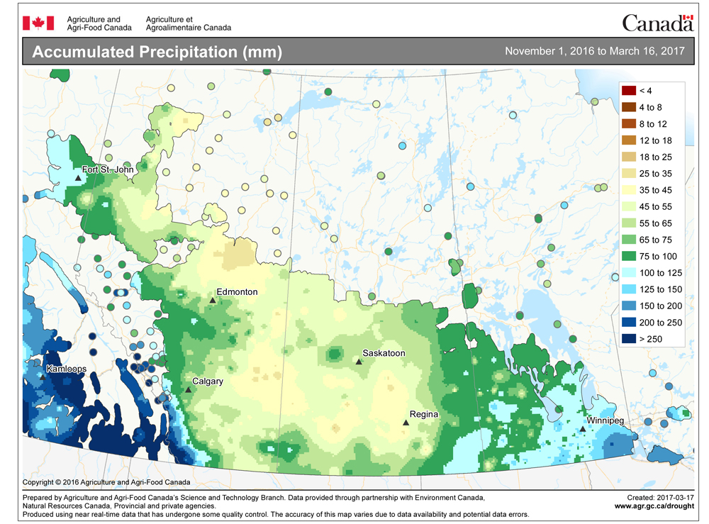 This map shows the total amount of precipitation that has fallen across the Prairies so far this winter (Nov. 1 to March 16).
The wettest regions have been across southern Manitoba and into southeastern Saskatchewan along with extreme western Alberta. The driest regions were found north of Edmonton, southward to east-central Alberta and then eastward toward Regina.