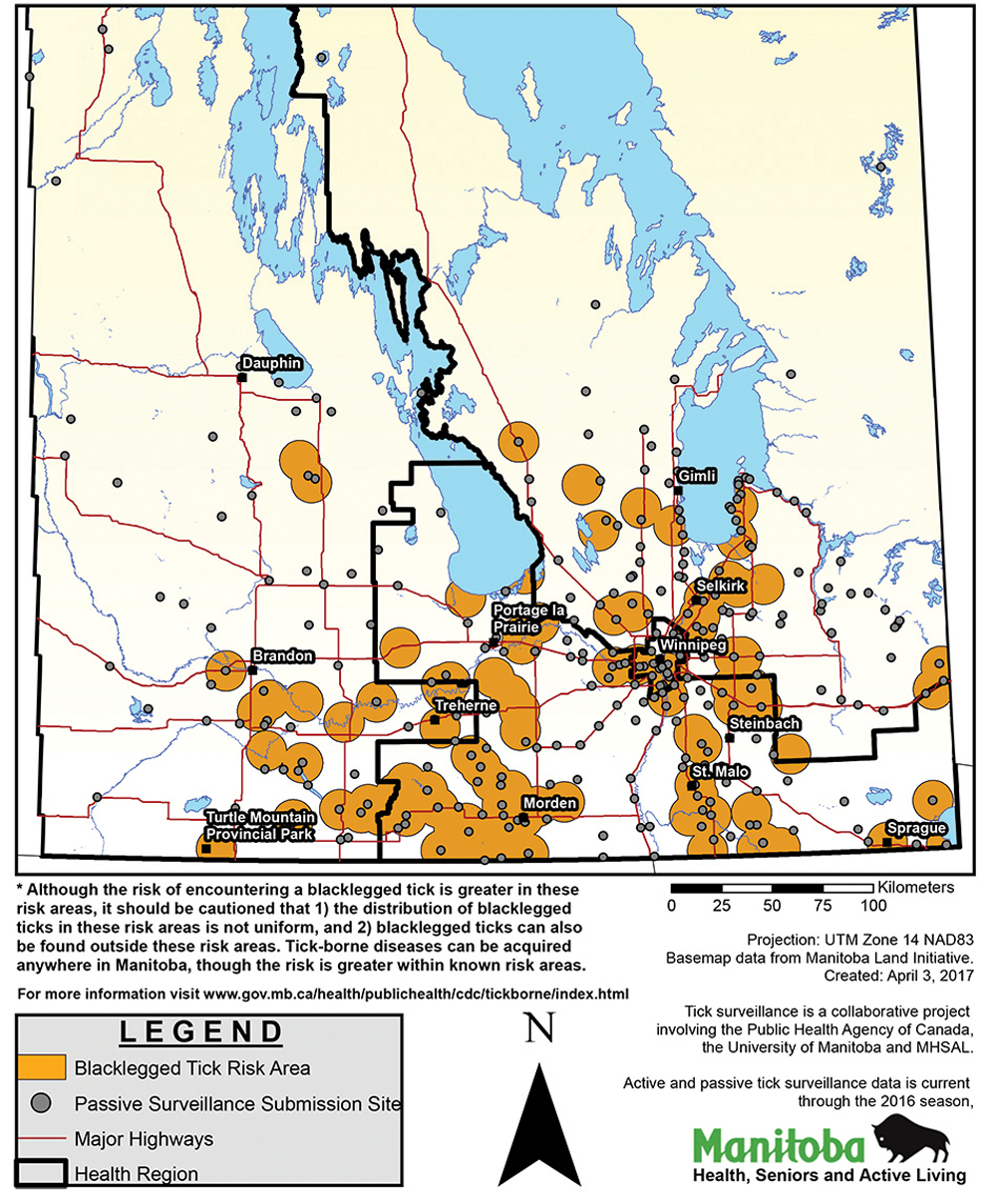 Blacklegged tick risk areas (shown in orange) track the westward spread of the disease-carrying arachnid. The government has warned that the risk of a blacklegged tick biter is greater, but not exclusive to those areas.