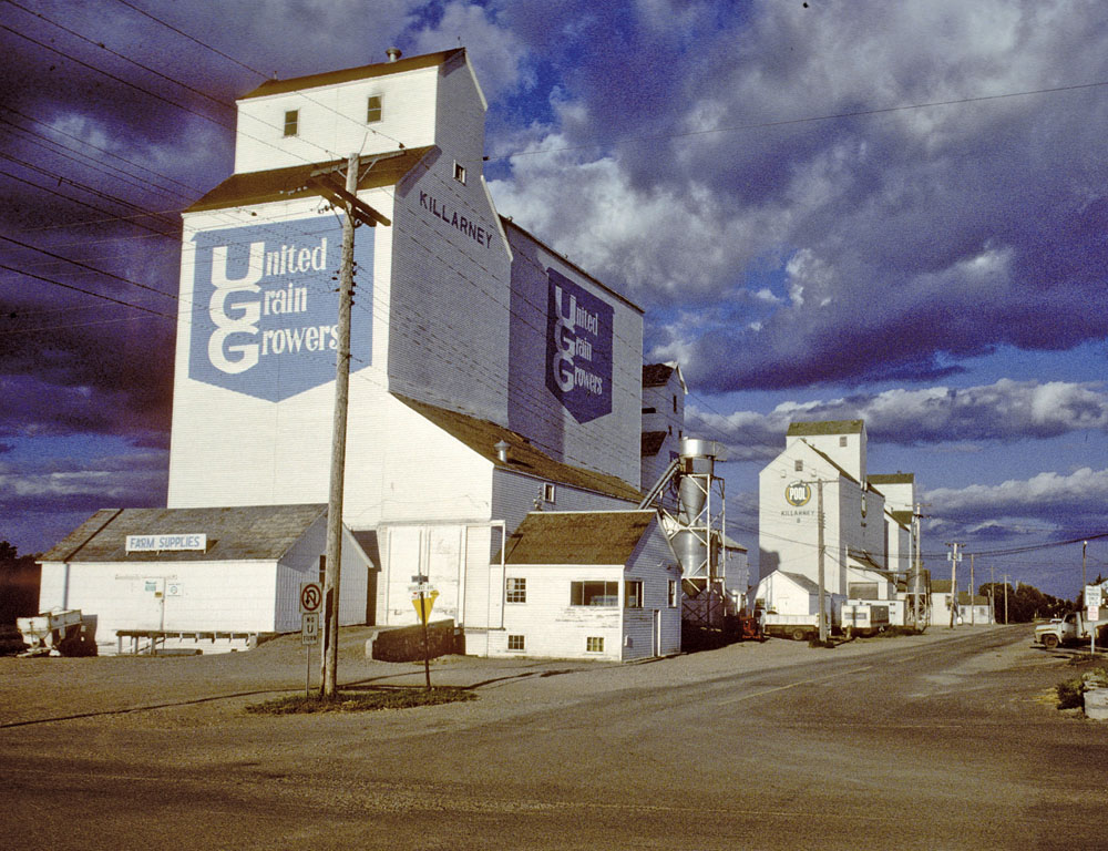 The last remaining wooden grain elevator in Killarney was built in 1953  by United Grain Growers. Seven years later, its initial 100,000-bushel  capacity was expanded to 192,000 bushels with the construction of a crib  annex on its east side. In late 1999, with newly opened inland terminals  nearby that were several times its size, the elevator was sold to  Paterson Grain. The building is slated for demolition later this year.