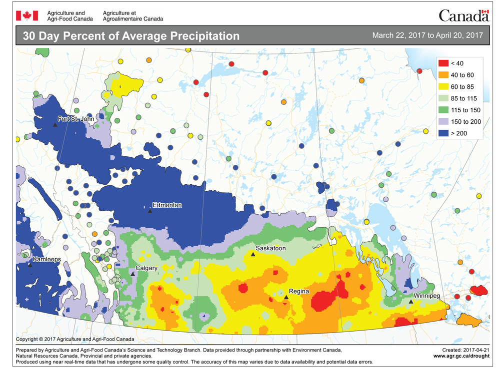 This weather map shows the total precipitation across the Prairies so far this spring compared to the long-term average. Across agricultural Manitoba, with the exception of the Interlake, it has been drier than average, with some areas seeing less the 40 per cent of average. Farther west and north it has been a different story, with northwestern Saskatchewan and a large part of north-central Alberta seeing over 200 per cent of average.