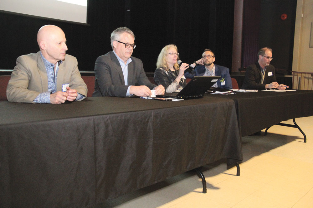 Juliane Schaible (centre) with the Manitoba government’s Department of Sustainable Development told the Manitoba Sustainable Energy Association’s (ManSEA) annual meeting April 5 a $10 carbon tax would cost a Manitoba household, on average, an extra 26 cents a day. Schaible discussed carbon pricing during a panel discussion with Curtis Hull (l) of Climate Change Connections, Dale Friesen of Manitoba Hydro, Terry Shaw of the Manitoba Trucking Association and Daryl Domitruk of Manitoba Agriculture.