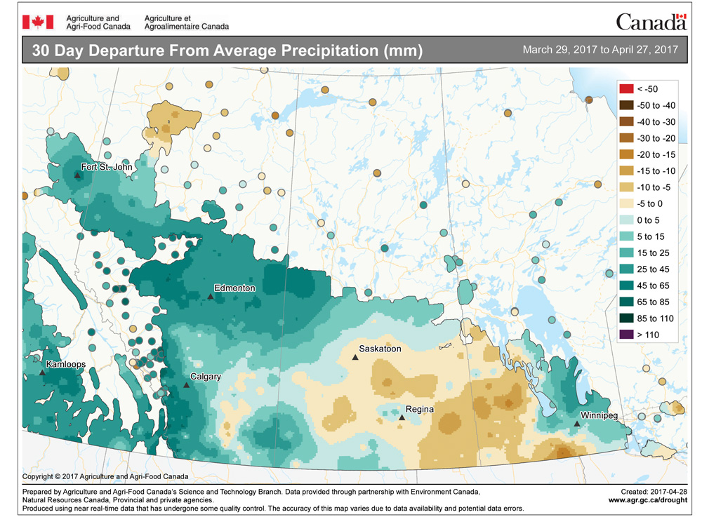 This map shows the total amount of precipitation that fell across the Prairies as a departure from the long-term average for the 30 days ending April 27. Nearly all of Alberta saw above-average amounts during this period, with only a small pocket in the south and far north seeing below-average amounts. The driest region during this period was in south-central Saskatchewan, along with western and extreme southern parts of Manitoba.