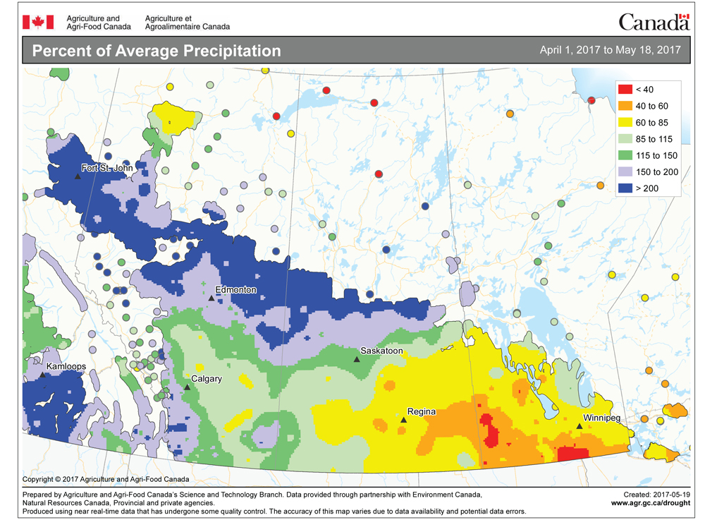 This map shows the total amount of precipitation that has fallen across the Prairies so far this growing season compared to historical values. So far it continues to be a dry start to the growing season across nearly all of Manitoba and much of Saskatchewan, with wide areas reporting values that are very low to extremely low.