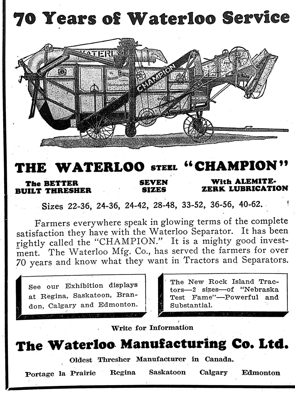 Waterloo Champion thresher, available in seven sizes