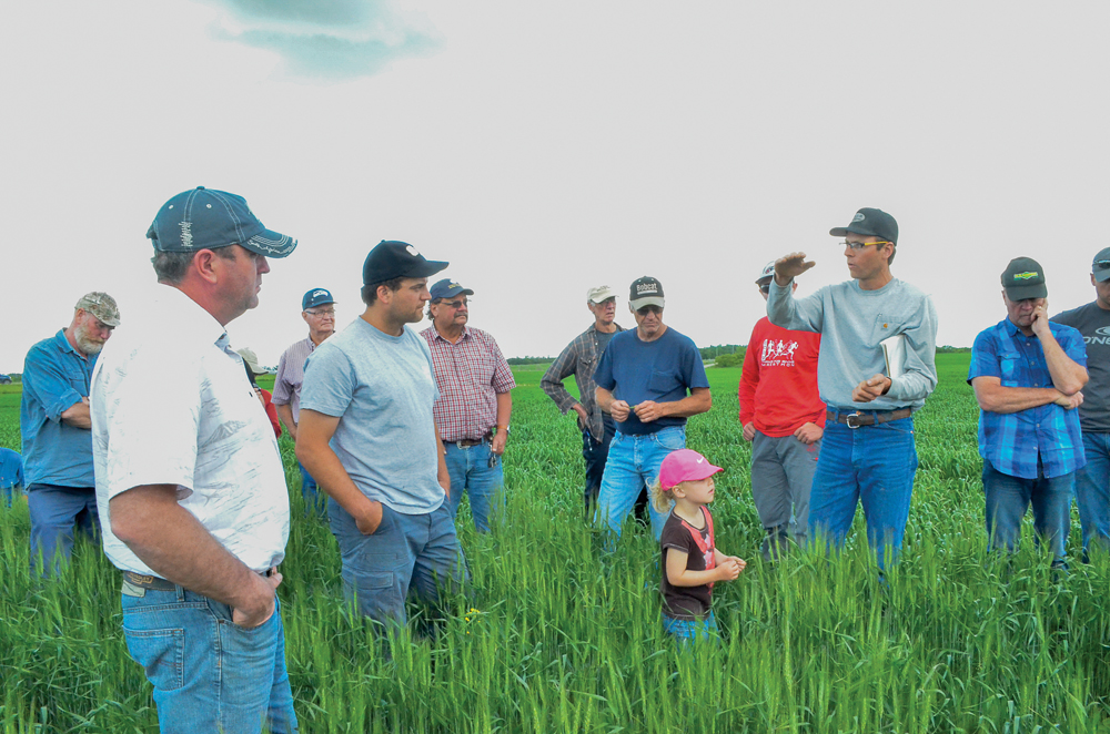Ryan Boyd discusses his experiment interseeding winter wheat with soybeans during a June 29 field tour at his operation north of Forrest, Man.