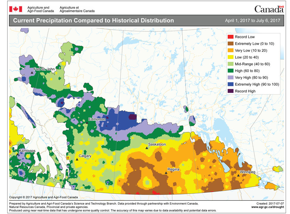 Precipitation compared to historical averages for the period from April 1 to July 6, 2017.