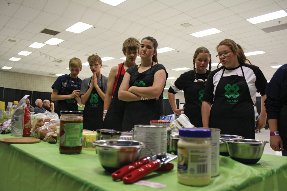 Intermediate 4-H members survey the ingredients they could use to make beef vegetable soup during the 4-H Manitoba Food Challenge Provincial Championship June 10.