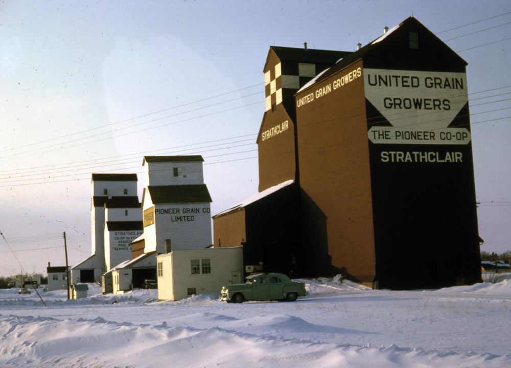 When this photo was taken in 1962, there were three elevators in the village of Strathclair. The United Grain Growers elevator in the foreground dates from around 1930 and its crib annex from 1957. The Manitoba Pool elevator in the background was opened by the Province Elevator Company in 1933. Sold to the Pool in 1948, a new elevator was built in 1957 and the older elevator was converted to an annex, later replaced with two large crib annexes. All elevators, including one in the middle owned by Pioneer Grain, were sold to Pool in 1974 and have since been removed from the site.