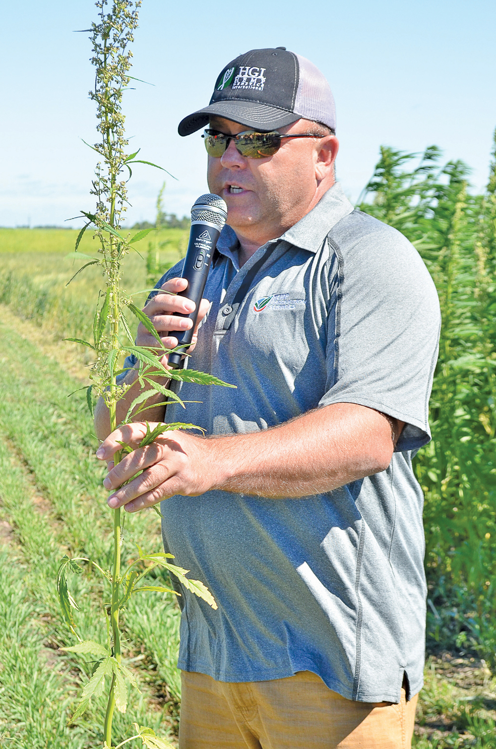 Jeff Kostuik, central region director of operations for Hemp Genetics International, speaks on hemp agronomy and variety improvements during a field day in Melita July 25.