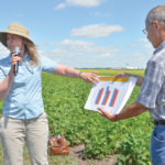 Dr. Yvonne Lawley of the University of Manitoba presents initial data in front of her newest line of plots evaluating the impact of tillage on soybeans.
