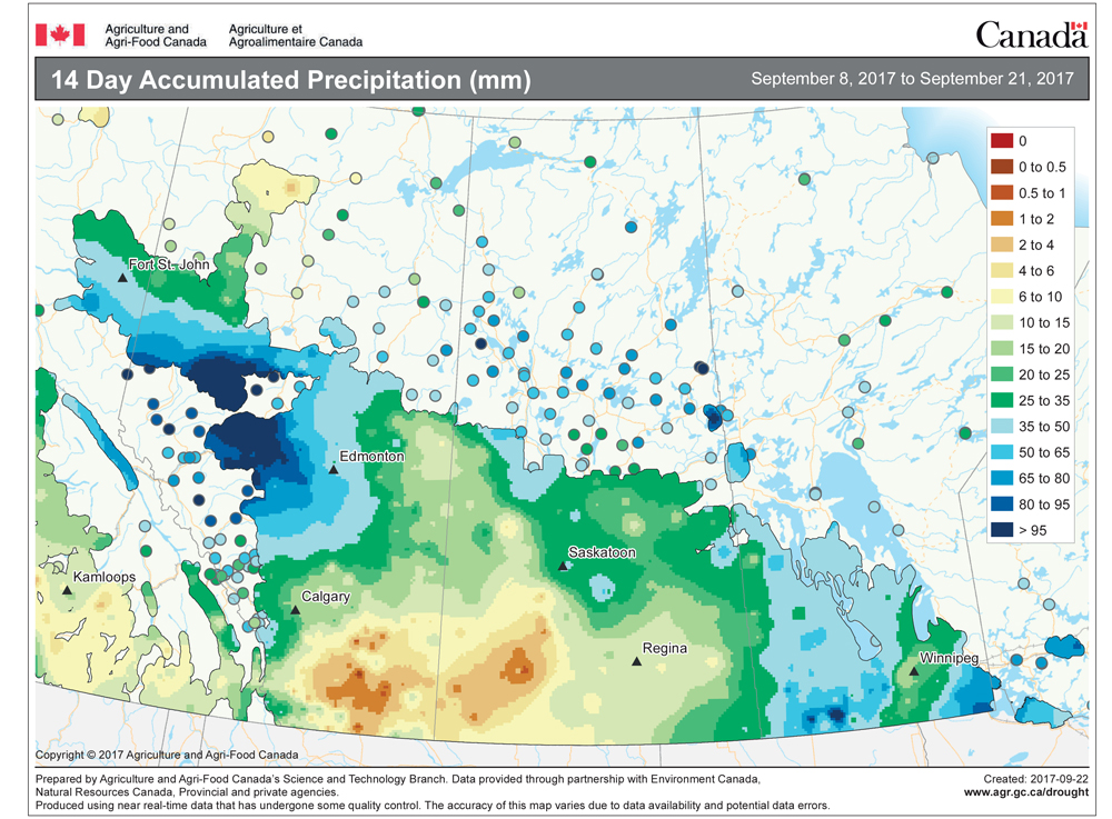 This map shows the total amount of precipitation that has fallen across the Prairies during the two weeks ending Sept. 21. It has been a fairly wet period across agricultural Manitoba, with most regions recording more than 35 mm. Add in the significant rains that occurred last weekend and it is ending up as a pretty wet month.