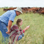 Brian Harper (l) gets down to ground level as a recent grazing workshop tours the high stock density grazing experiment on his land north of Brandon.