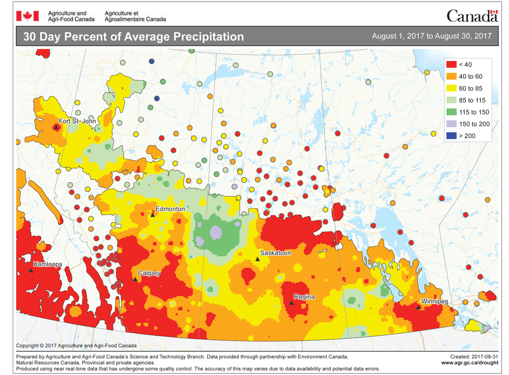 This map shows the total amount of precipitation that fell across the Prairies during August as a per cent of average. A large portion of the Prairies saw below-average amounts. In Manitoba, the south-central region was the driest, with less than 40 per cent of average rainfall. There were a few locations in western Manitoba that saw near-average amounts due to thunderstorms.