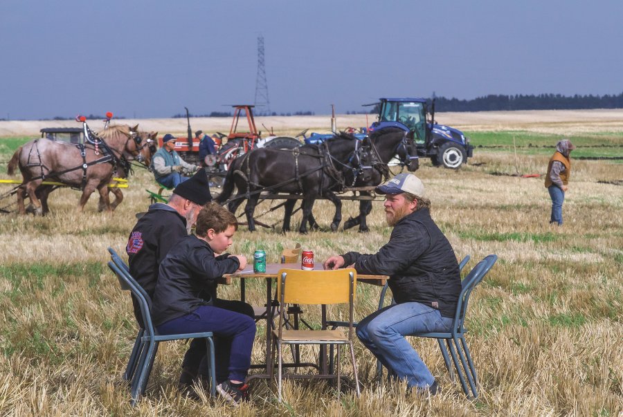 Bill Nichol of Darlingford and his nephew Chase have a bite to eat in the field.