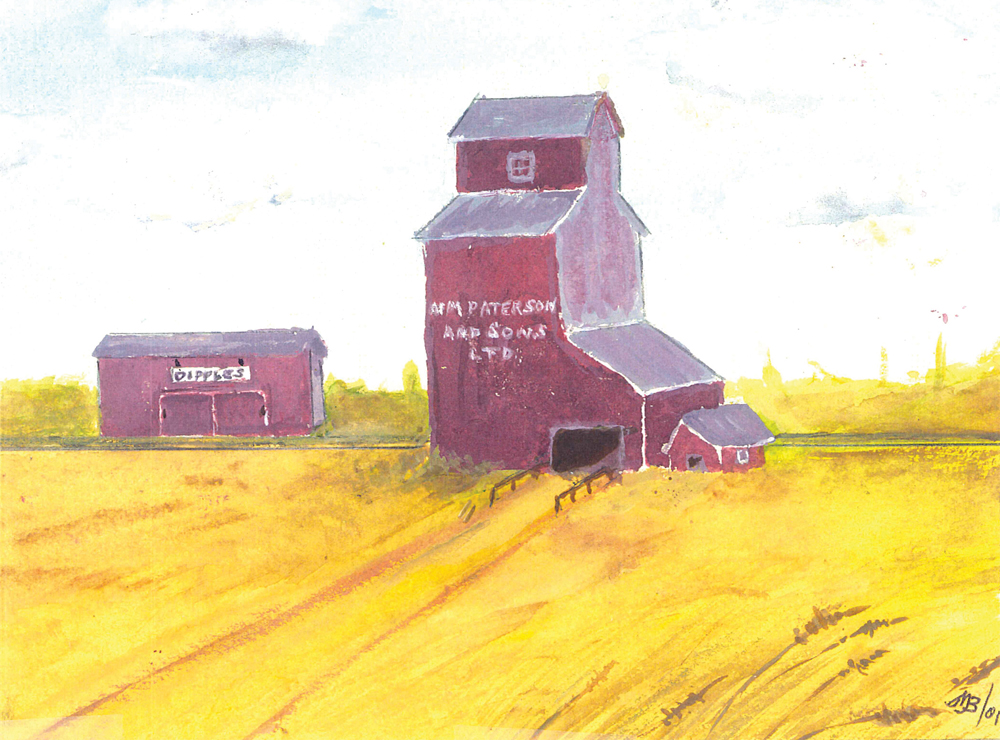 A 30,000-bushel wooden grain elevator, at the Dipple Siding (named for local settlers John and Elizabeth Dipple) on the CN line through the Rural Municipality of Macdonald, was built in 1921 for the Paterson Grain Company. It operated until 1949 when it was closed and later demolished. It has been gone so long that few remember it. In 2001, artist Millie Burch, a granddaughter of the Dipples who grew up near the elevator, painted it from memory as a 75th-birthday gift for her brother Ross Dipple. Now in her 90s, Millie wonders if any readers have photos or memories of this elevator.