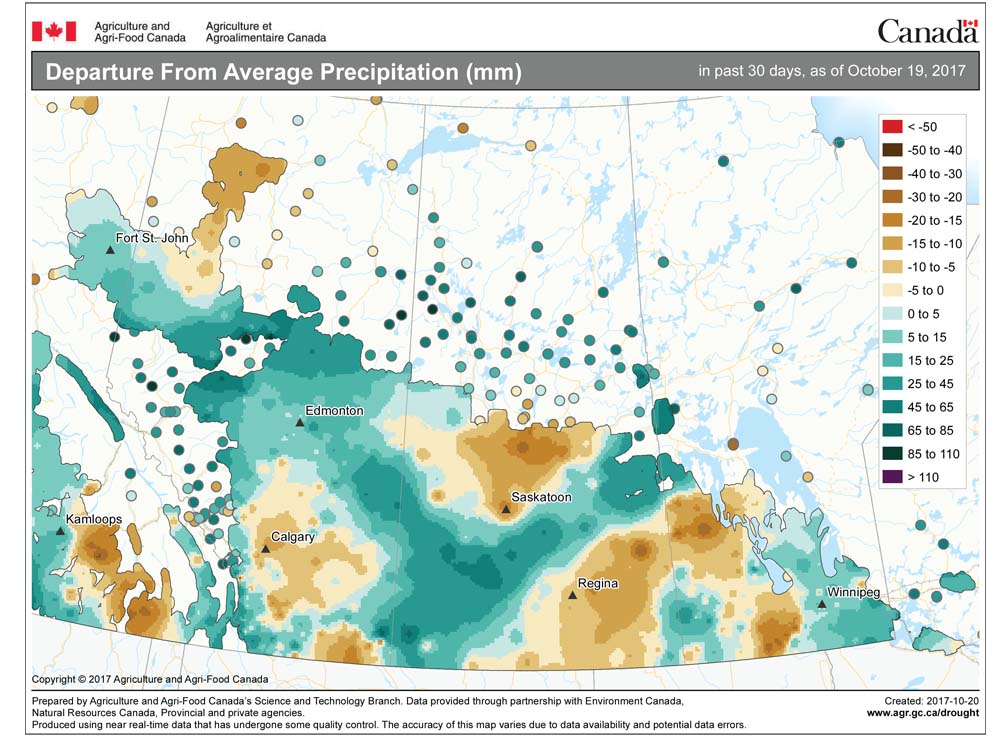This map shows the total amount of precipitation that fell across the Prairies as a departure from average for the 30 days ending Oct. 19. This has been a much wetter period across the Prairies, but significant areas have remained dry. Across Manitoba, eastern and southwestern regions have between five and 25 mm more precipitation than average, while south-central and northwestern regions remained dry.