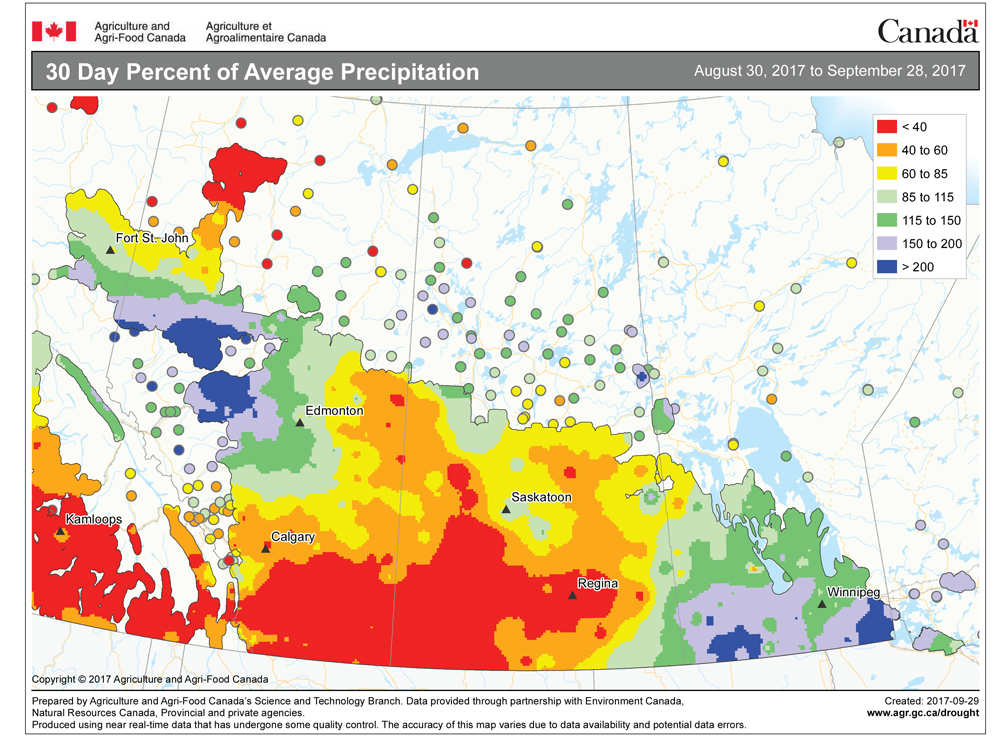This map shows the total amount of precipitation that fell across the Prairies during the 30 days ending Sept. 28 as a percentage of
the long-term average. Drought conditions continued in Saskatchewan, with most areas seeing less than 60 per cent of average. These dry conditions were also found across much of southern and mid-eastern Alberta. The two wet regions during September were north-central Alberta along with much of agricultural Manitoba.