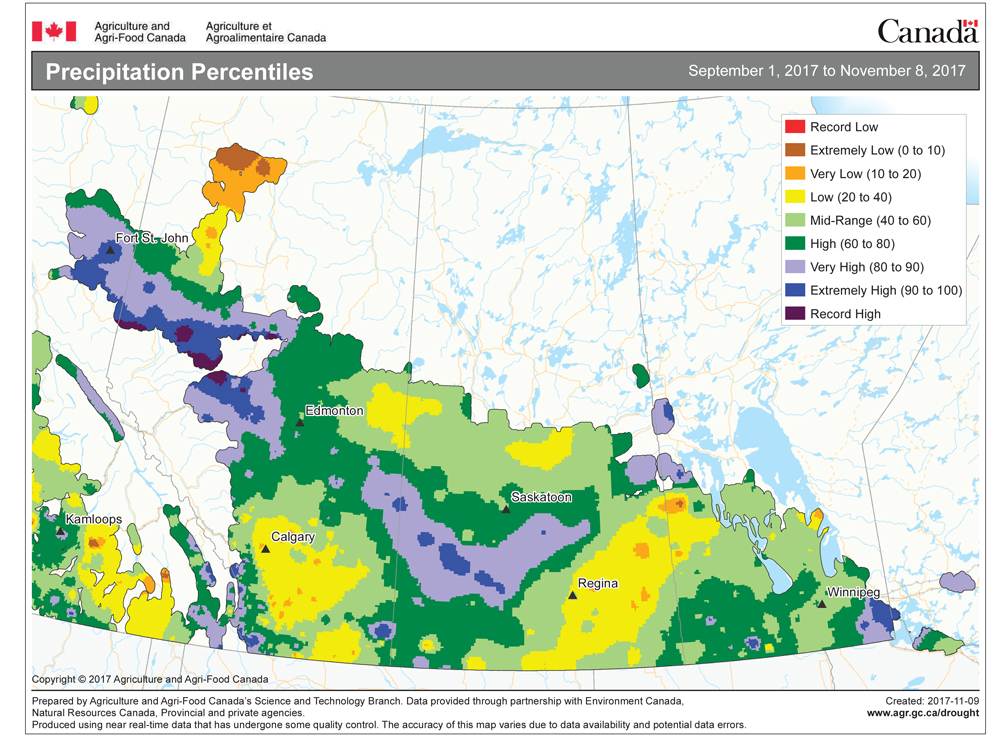 This map shows the total amount of precipitation that has fallen across the Prairies so far this fall as percentiles. So far it has been an interesting mixture of wet and dry conditions especially across Alberta. Southern Alberta, minus the foothills has been relatively dry while north-central regions extending northwestwards into the Peace River region has been wet to near-record values in some areas. Extreme northern regions have been the exact opposite with precipitation amounts ranging from low to extremely low.