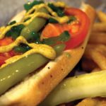 Chicago style hot dog with deli mustard and green relish