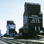 A 40,000-bushel elevator at Rathwell was built in 1928 by Manitoba Pool Elevators for a local co-operative association. In the early 1950s, an annex increased its storage capacity to 55,700 bushels then another annex in 1968 increased it to 117,800 bushels. In this photo from 1964, we see the Pool with its single annex, with UGG and Paterson elevators in the background. The Pool facility was traded to United Grain Growers in 1990. Closed around 2000, both former UGG elevators were demolished by Agricore United in 2001.