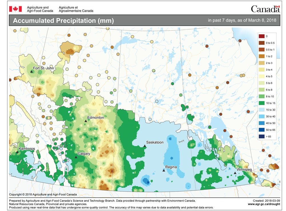 This map shows the total amount of precipitation that fell during the seven-day period ending March 8, catching the snowstorm that hit most of southern and central Manitoba along with a good part of central and eastern Saskatchewan. The heaviest precipitation fell in Saskatchewan, with some areas seeing over 40 mm. Across Manitoba, amounts were a little lighter, ranging from 10 to 30 mm. 