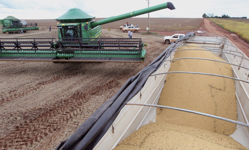 A truck lines up to be loaded with soybeans in a farm in the city of Primavera do Leste in the central Brazilian state of 
Mato Grosso.