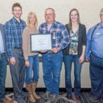 (From left) Tere Stykalo of award sponsor, MNP, poses with TESA award winners Thomas Harper, Sonja Harper, Brian Harper and Kristelle Harper of Circle H Farms, along with Larry Wegner, chair of MBP’s Environment Committee. The Environmental Stewardship Award for Manitoba (TESA) was presented at the Manitoba Beef Producers President’s Banquet Feb. 8 in Brandon.