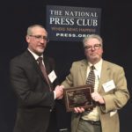 Manitoba Co-operator reporter Allan Dawson (r) placed first in the “news” category of the North American Agricultural Journalists’ (NAAJ) 2017 writing contest. He received the award from NAAJ president and  Western Producer reporter/analyst Ed White April 9 at the National Press Club in Washington, D.C.