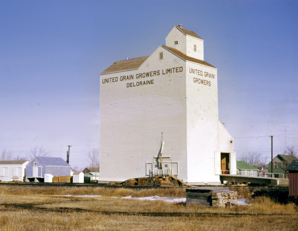 United Grain Growers built its first elevator at Deloraine in 1960, on the site of a former flour mill and power plant. The unusual-looking design was one of the earliest examples of “composite style” in which the elevator and annex were combined as a single, solid crib. The capacity when it opened on December 12, 1960 was 105,000 bushels but it was expanded with a 100,000-bushel crib annex in June 1976. Operation was taken over by Agricore United (now Viterra) in 2001 but it was closed in 2006 and demolished in mid-2010. The company’s other elevator, built west of town in 1973-74, was closed in 2002 and is now in private hands.