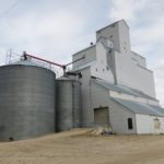 The oldest portion of this facility at Newdale, shown here in early 2017 between two steel bins and a larger elevator, was constructed by United Grain Growers in 1925. During the Second World War, in 1940 and 1941, two annexes were built beside it. One of the annexes was demolished in 1945 and the other was used until 1962. A third annex, constructed with the elevator in 1925, was removed in 1976. A thorough renovation occurred in 1966 and the steel bins (one with a capacity of 40,000 bushels and the other of 17,000 bushels) were erected on its west side in 1974. The larger elevator on the east side, with a capacity of 85,000 bushels, was built in 1983. Closed on July 31, 2000, the facility was sold to private ownership. The smaller elevator's foundation is cracked and, although its pit and leg are intact, it is no longer in use.