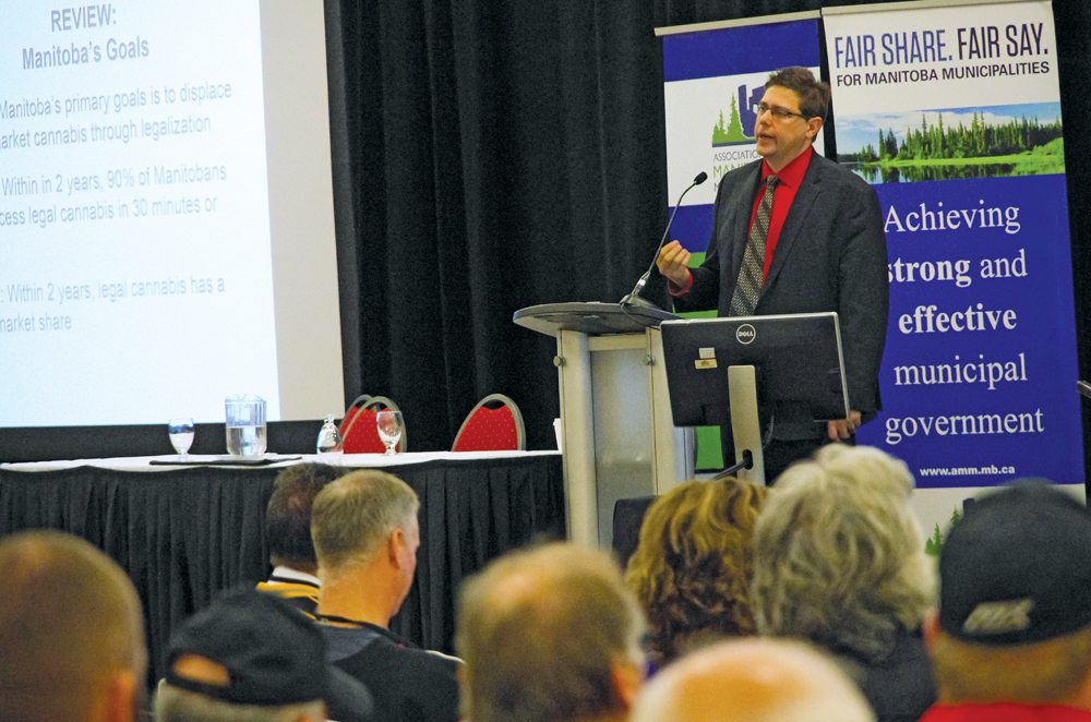 Michael Legary gives an update on cannabis policy on behalf of the province during an Association of Manitoba Municipalities seminar in Brandon.