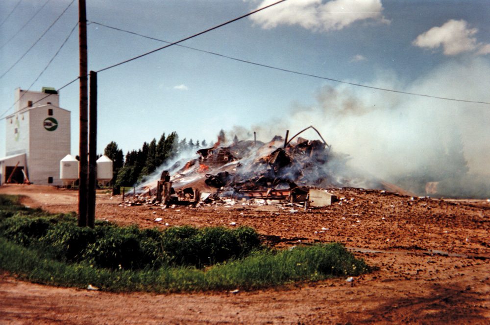 A 166,000-bushel elevator at Durban, on the CNR line in what is now the  Municipality of Swan Valley West, was built in 1966 by Manitoba Pool  Elevators to replace an older elevator dating back to 1925. The elevator  was destroyed by lightning on June 15, 1995 but was not replaced. The  Cargill elevator in the background, bought from National Grain in 1975,  was closed in 2000 and demolished the following year. It was the last  elevator at Durban.