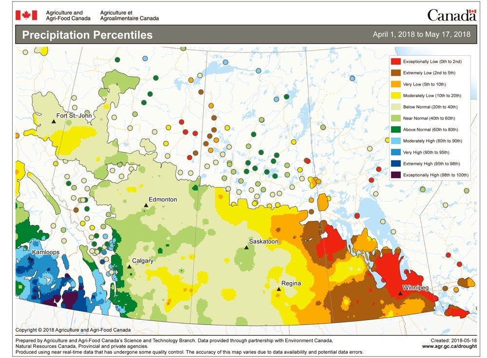 This map shows precipitation percentiles for the period of April 1 to May 17. You can quickly see how incredibly dry spring has been here in southern Manitoba, with a trend toward increasing moisture as you move west.