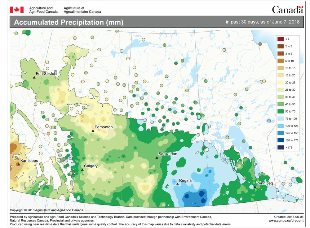 This map shows the total amount of precipitation that fell across the Prairie provinces during the 30 days ending June 7. You can see the rain that fell from the area of low pressure that surged northward late in May across southeastern Saskatchewan and western Manitoba.