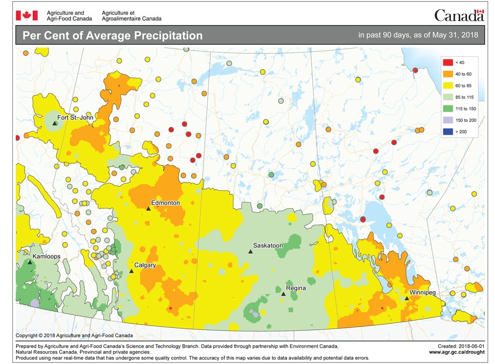 This map shows the total amount of precipitation that fell across the Prairies this spring (March through May) as a percentage of the long-term average. Nearly all of Manitoba and Alberta saw below-average amounts of precipitation this spring, with only a few locations in Saskatchewan reporting near-average amounts.
